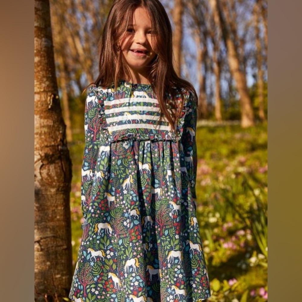 ❤️ SOLD ❤️  Mini Boden Nostalgic Ruffle Dress
In Stormy Blue Unicorn Tapestry